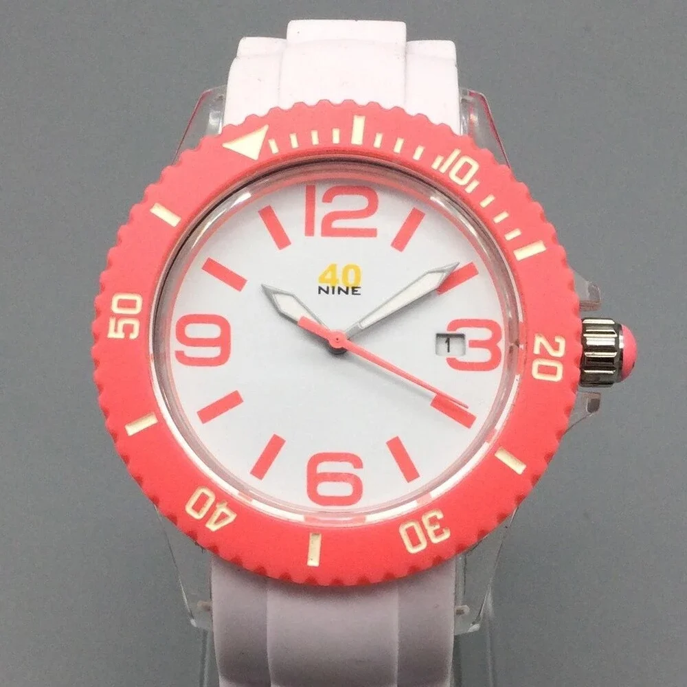 40nine Womens Watch 40mm Pink Case White Silicone Strap Date Quartz 50m